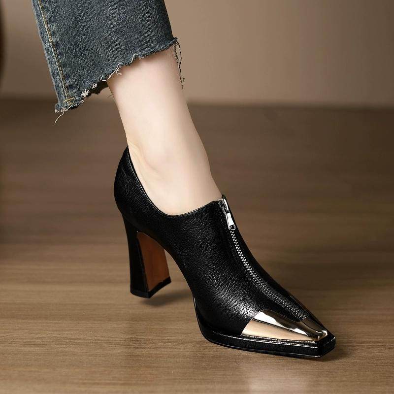 小个子真皮黑色小皮鞋女秋新款前拉链深口单鞋金属头防水台高跟鞋,女鞋,浅口单鞋,淘宝优惠券,粉丝福利购,淘宝优惠卷