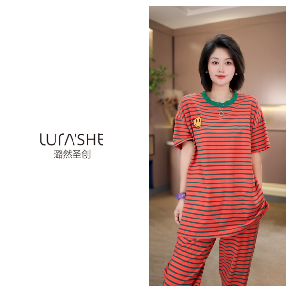 【璐然圣创】半袖条纹笑脸情侣家睡衣/家居服套装