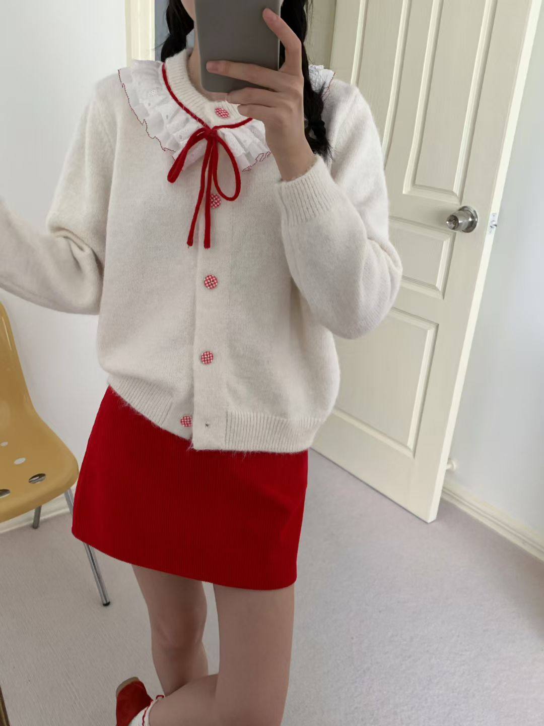2025年秋冬新款宽松甜美荷叶边系带外套女减龄显瘦百搭毛衣开衫