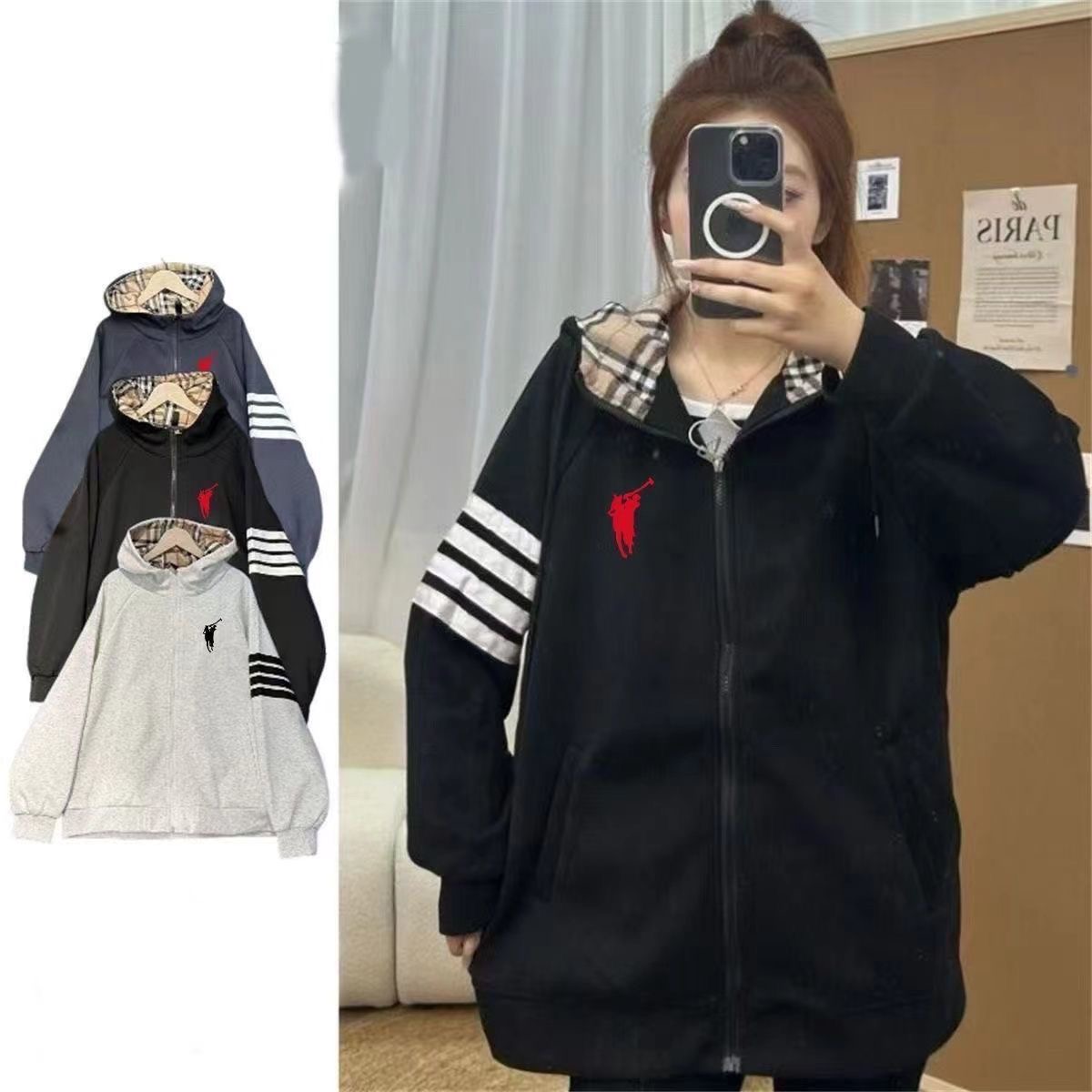 春秋季小马连帽卫衣男女同款2025新款复古四道杠刺绣拉链开衫外套