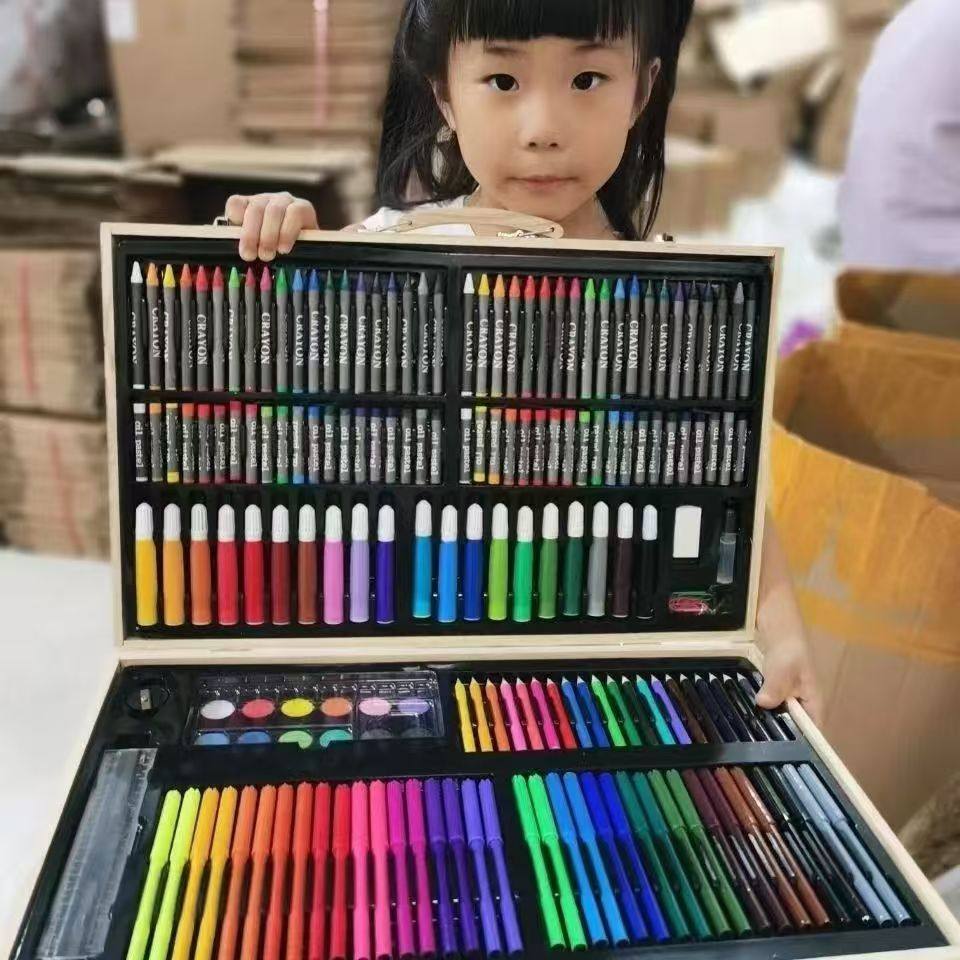 180木盒水彩笔绘画礼盒安全无毒可水洗小学生彩铅蜡笔粉饼一整套