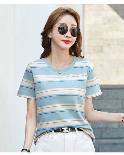 新款条纹撞色夏季圆领纯棉短袖大码宽松彩色显瘦上衣T恤百搭女