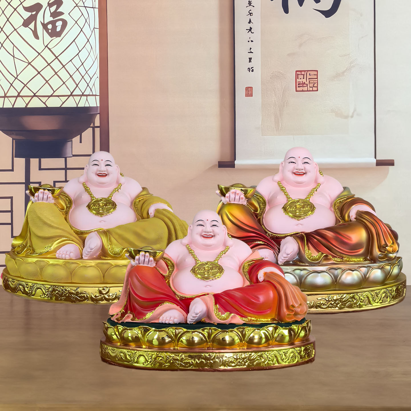 弥勒佛佛像供奉树脂弥勒佛大肚开心佛像红衣弥勒居家宽体笑佛招财