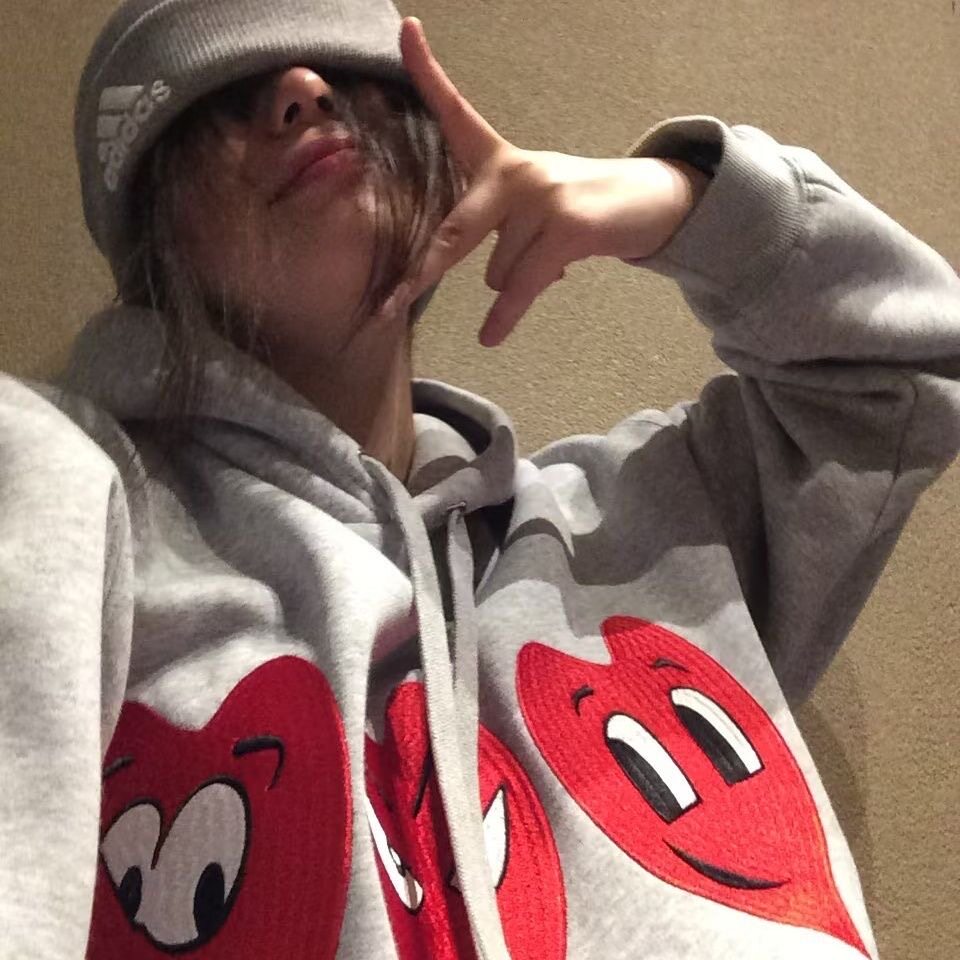 新款恶搞爱心万针刺绣加绒卫衣男女美式重磅宽松情侣帽衫秋冬潮