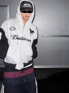 25Protool Inex 2fw 重工战马刺绣标语破坏拼接拉链连帽卫衣外套