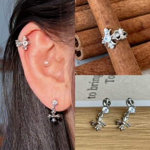 hucares 「十字鸾尾花」自制复古医用钢养耳洞十字架耳钉耳骨夹