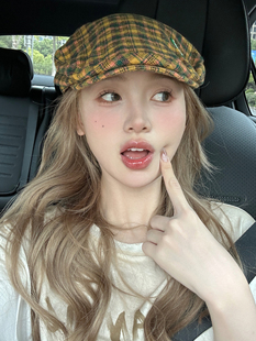 hucares「姜饼有点甜」姜黄格纹贝雷帽女春秋款显脸小蓓蕾画家帽