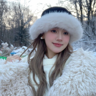 hucares自制「奥利奥公主」高品质仿水貂毛帽子毛毛帽子皮毛一体