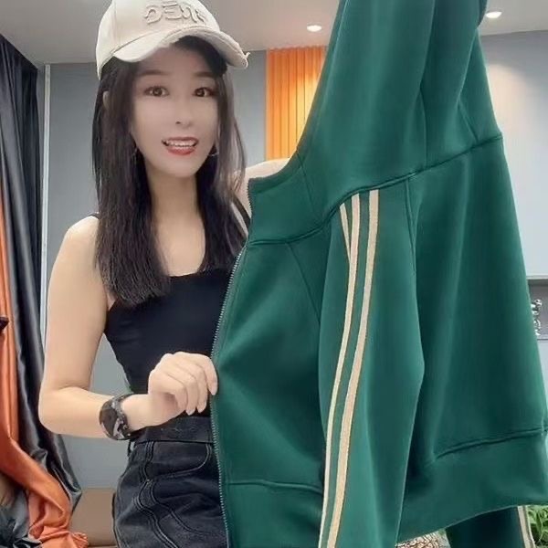长袖连帽拼色拉链绿色外套女2025冬宽松日常通勤休闲舒适显瘦开衫