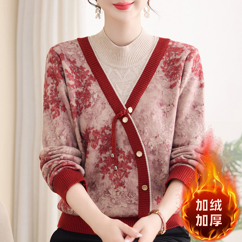 中老年女装洋气妈妈装打底针织衫女士长袖半高领时尚显瘦假两件套