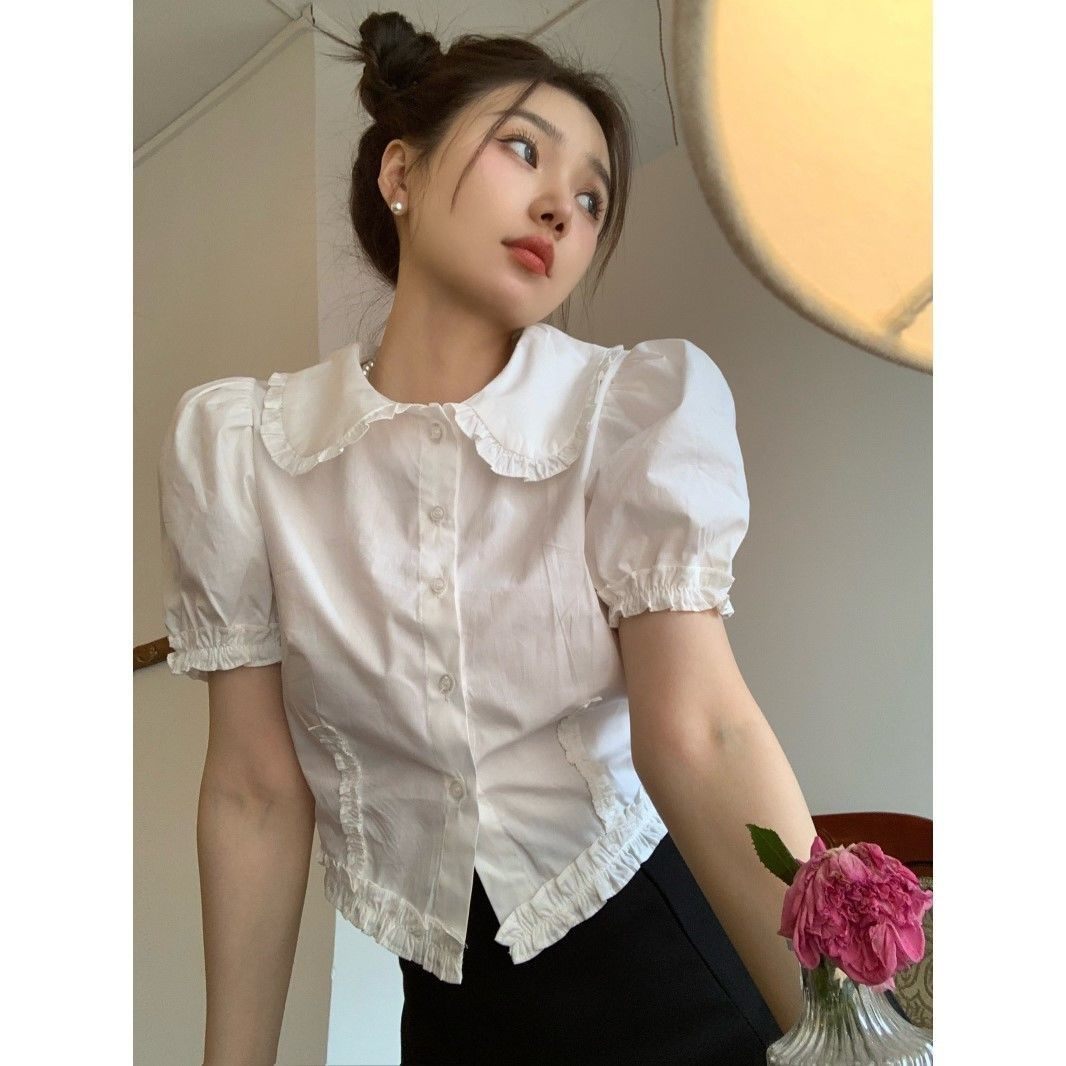 娃娃领白色短袖衬衫女夏季新款短衬衫