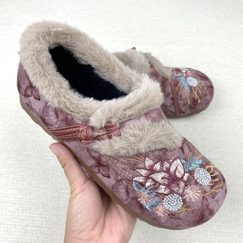 冬季新款加绒加厚保暖女士棉鞋复古民族绣花妈妈老北京平底棉鞋