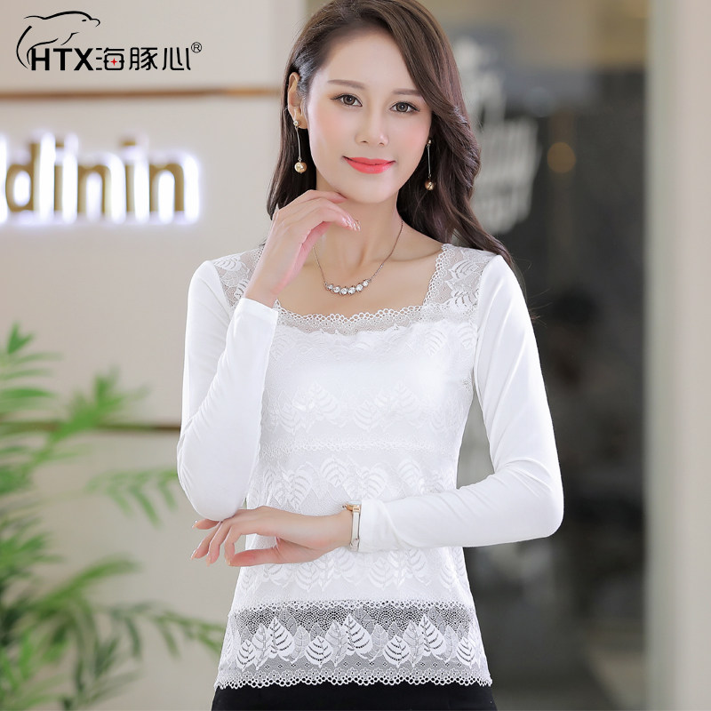海豚心女装秋冬新款职业打底衫修身显瘦上衣长袖纯白蕾丝大码t恤