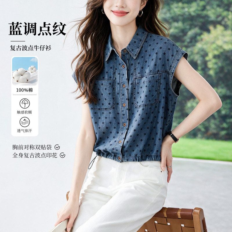 复古波点无袖牛仔衬衫女2026夏季纯棉宽松收腰显瘦翻领飞飞袖上衣