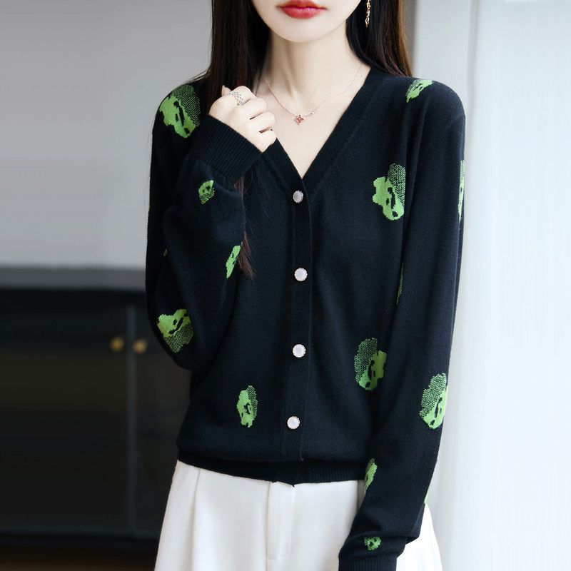 新款法式V领提花针织开衫女 黑色绿色印花长袖外套春秋百搭上衣