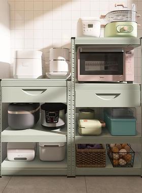 峰阳灰绿色厨房置物架落地式加抽屉微波炉烤箱架子锅架收纳神器m1