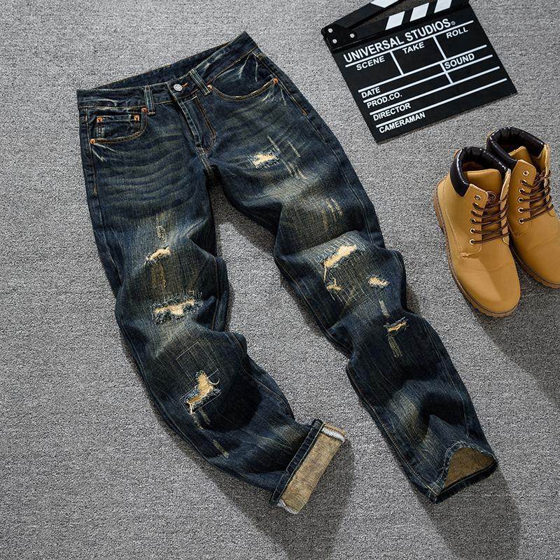 秋冬款潮牌宽松直筒牛仔裤男士青年复古怀旧破洞补丁乞丐水洗长裤