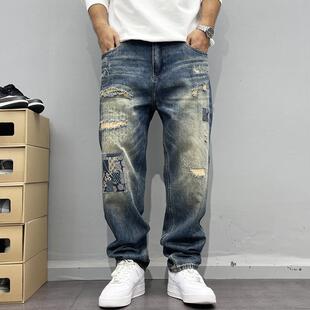 复古做旧破烂补丁牛仔裤男士微锥直筒裤宽松美式高街潮牌嘻哈长裤