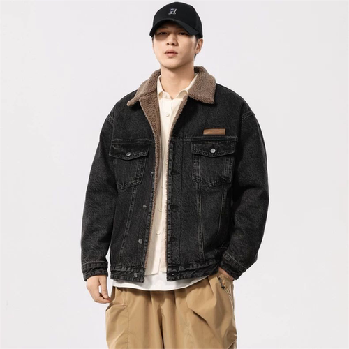 高端欧美宽松牛仔外套男冬季新款加厚夹克复古羊羔绒大码加绒棉服