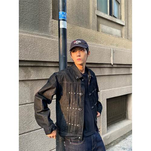 龙虾扣工装原牛牛仔外套男褶皱