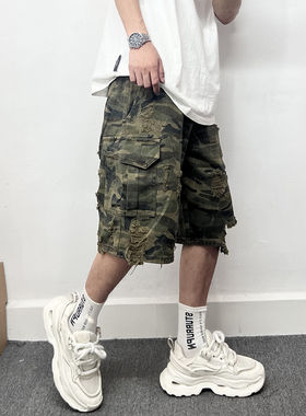 夏季宽松男士短裤工装五分裤破洞