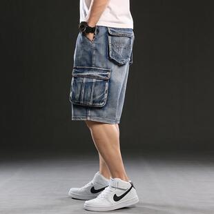 多口袋复古工装五分牛仔短裤男阔腿宽松胖子肥佬潮牌马裤加肥大码