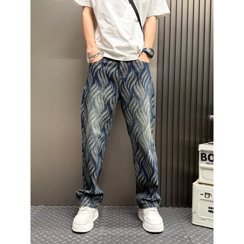 复古提花弯刀裤男士水洗牛