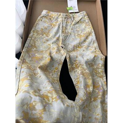 黄色扎染设计感直筒牛仔裤男oldschool晕染花色宽松阔腿迷彩裤子