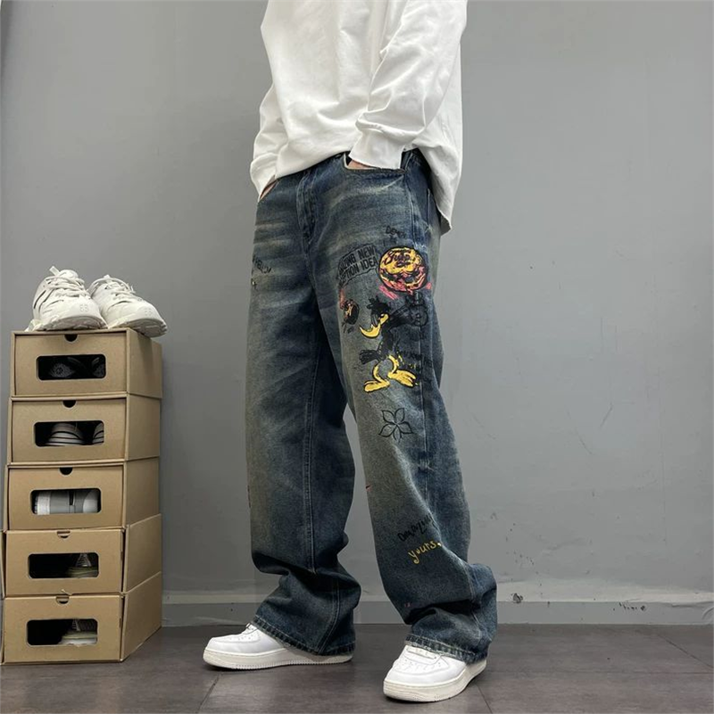 水洗复古做旧卡通印花牛仔裤男宽松直筒裤美式高街风嘻哈痞帅长裤