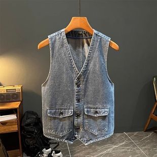 美式休闲夏季薄款牛仔马甲男式胖子宽松大码无袖坎肩户外夹克背心