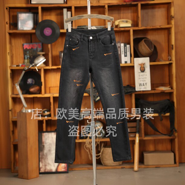 春季高端美式彩绘男士黑色欧货牛仔裤修身弹力休闲个性百搭潮牌