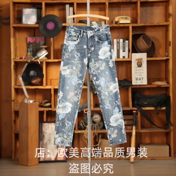秋冬季原创高端美式复古印花男士牛仔裤修身小直筒弹力休闲个性潮,男装,牛仔裤,淘宝优惠券,粉丝福利购,淘宝优惠卷