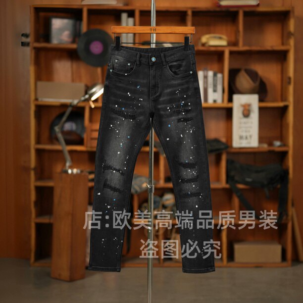 春季轻奢美式个性泼墨彩绘破洞补丁男士牛仔裤修身弹力休闲潮黑