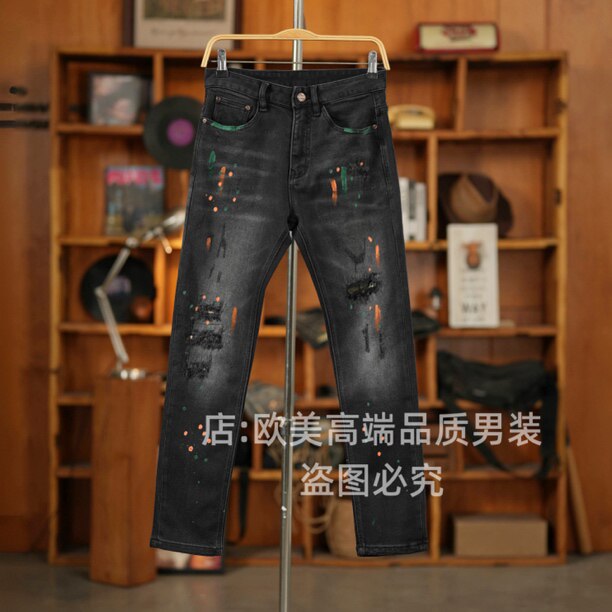 春季原创泼墨彩绘破洞补丁男士牛仔裤修身小直筒弹力休闲高街潮