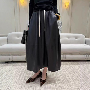 真皮皮裙欧货绵羊皮植鞣花苞长裙秋冬新款抽绳大裙摆半身裙老钱风
