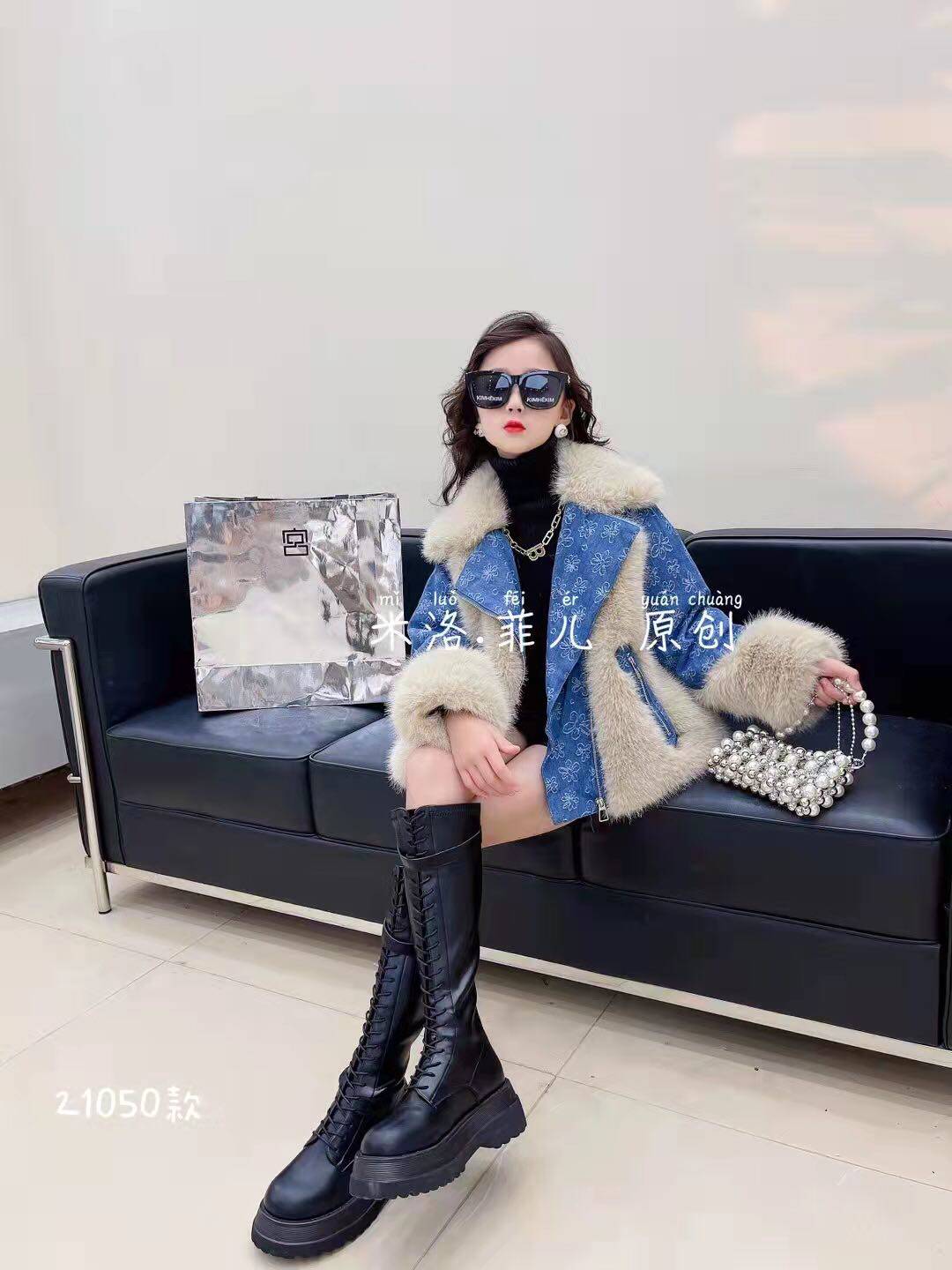 女童仿皮草冬装牛仔外套2025新款洋气加厚棉衣服中大童冬款派克服