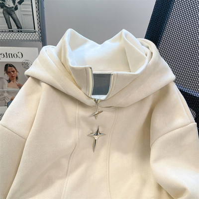 美式高街重磅麂皮绒连帽卫衣男女秋冬国潮设计感小众oversize外套