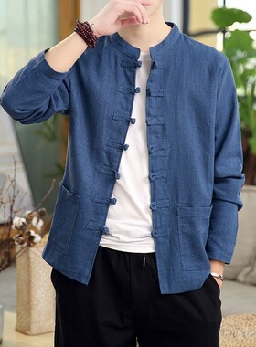 中国风春秋季新款汉服中山装棉麻外套男装古风中式盘扣唐装男夹克