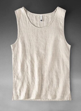 2024新款夏季男装休闲亚麻纯色无袖男士白色吊带背心宽松T恤上衣