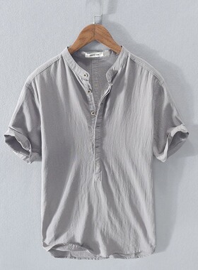 棉麻T恤男士夏季复古亚麻短袖体恤中国风白色POLO衫立领苎麻衬衫