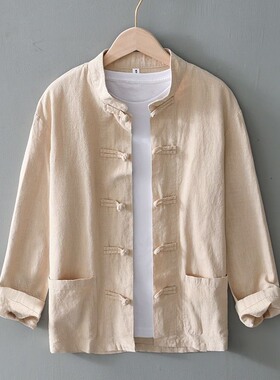 盘扣苎麻长袖国潮复古棉麻衬衫男中国风青年休闲立领宽松亚麻衬衣