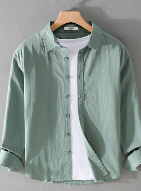 春秋新款纯棉长袖衬衫洋气休闲宽松青年百搭白色外穿男衬衣男装