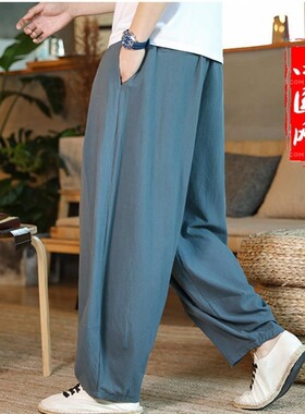中国风男装亚麻长裤子男加肥加大码阔腿灯笼裤春夏棉麻休闲哈伦裤