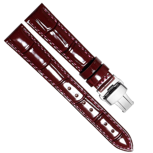 手表带女款真皮 适配飞亚达古尊格雅依波天梭亮面漆皮酒红色表带