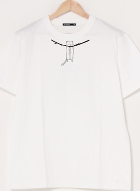 猫猫图案印花女士圆领纯棉白色短袖T恤夏装猫咪猫女宽松上衣半袖