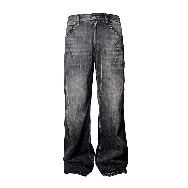 thumbnail for JCAESAR FLASH WHISKER DENIMS Lightning Burst Cracked Jeans Heavy Wash Straight Micro La