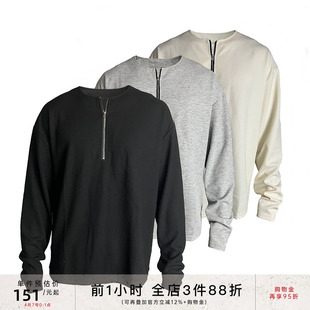 半拉链华夫格纯色长袖 JCAESAR 男薄 Sleeve小众美式 Long Half Zip