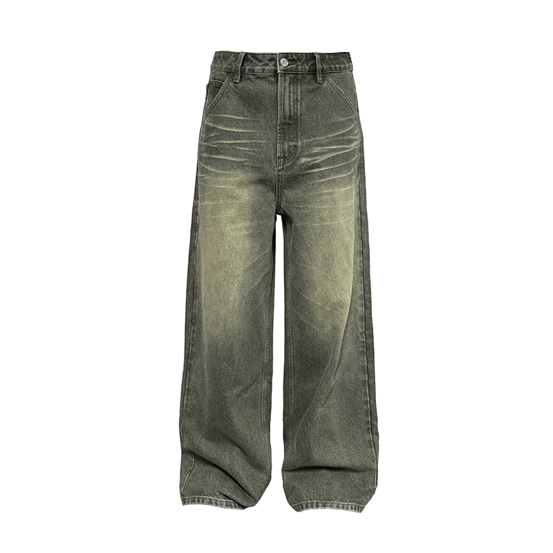 JCAESAR DENIMS烟灰绿牛仔裤 自然猫须做旧 手工擦色13OZ直筒长裤