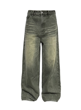 JCAESAR DENIMS烟灰绿牛仔裤 自然猫须做旧 手工擦色13OZ直筒长裤