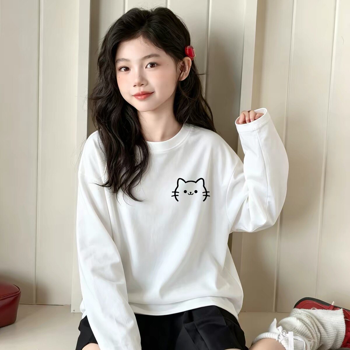 女大童白色长袖纯棉T恤打底衫